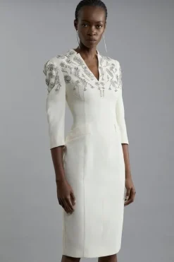 Karen Millen Tall Crystal Embellished Compact Stretch Belted Tailored Forever Dress cream Sale