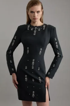Karen Millen Tall Crystal Embellished Corset Detail Woven Mini Dress black New