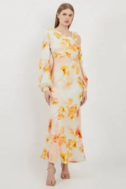 Karen Millen Tall Delicate Floral Satin Cold Shoulder Draped Midi Dress blush Hot