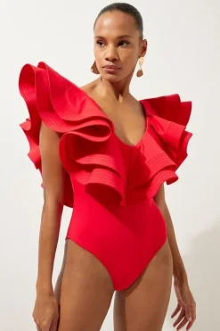 Karen Millen Tall Drama Frill Swimsuit red Clearance
