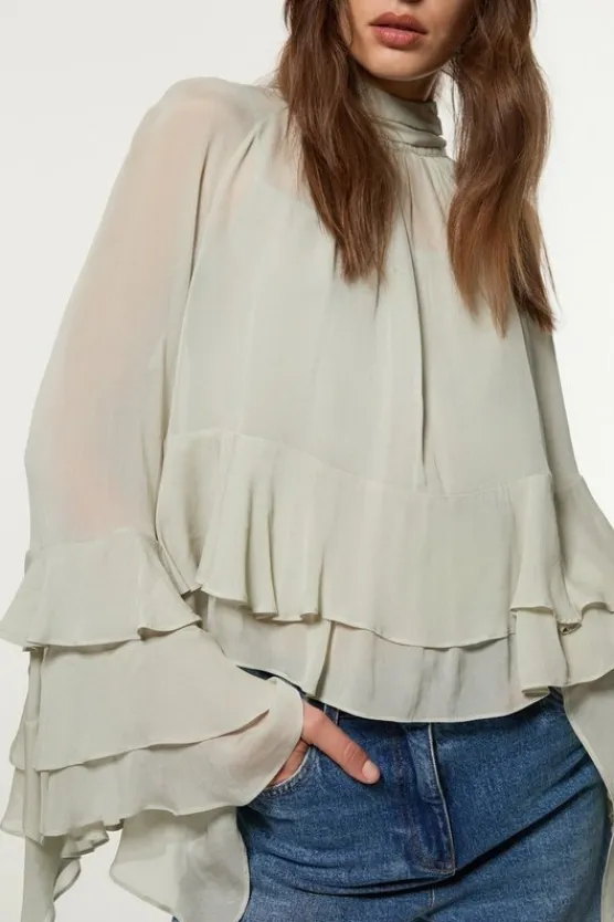 Karen Millen Tall Drama Kimono Viscose Georgette Woven Blouse sage Online