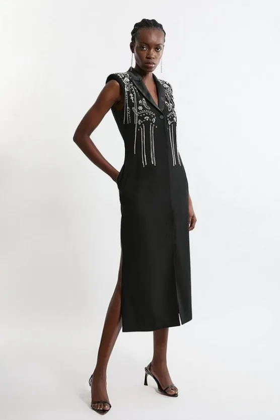 Karen Millen Tall Embellished Detail Plunge Collared Woven Maxi Dress black Sale