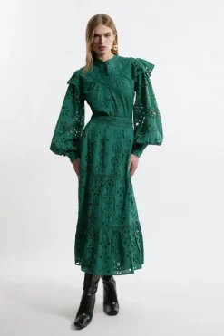 Karen Millen Tall Eyelet Woven Midi Skirt With Guipure Trim green Hot