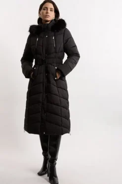 Karen Millen Tall Faux Down Padded Belted Hooded Puffer Coat black Sale