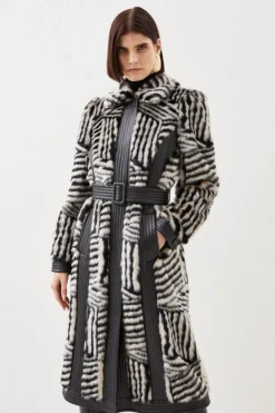 Karen Millen Tall Faux Fur Pu Panelled Stripe Belted Coat multi Discount