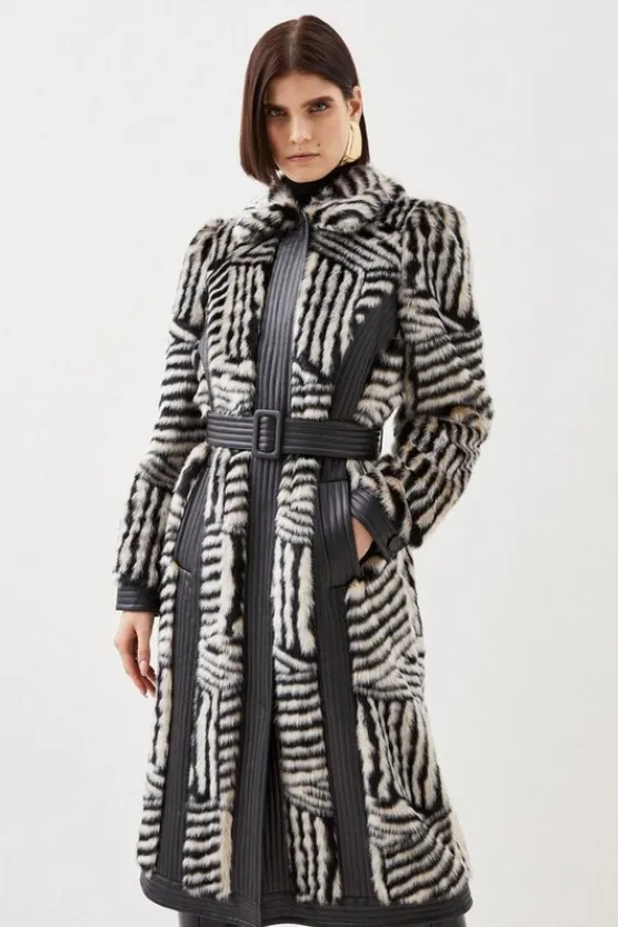 Karen Millen Tall Faux Fur Pu Panelled Stripe Belted Coat multi Discount