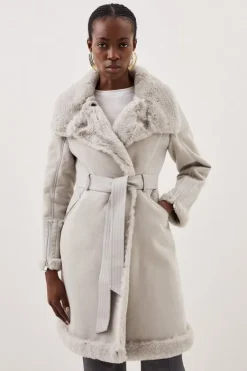 Karen Millen Tall Faux Shearling Biker Longline Belted Coat grey Fashion