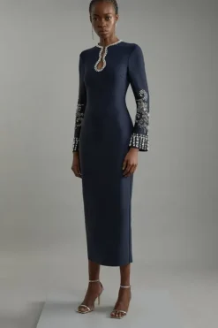 Karen Millen Tall Figure Form Bandage Knit Embellished Wide Sleeve Midaxi Dress navy Fashion