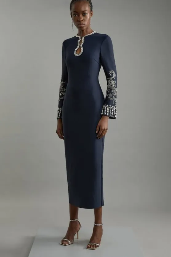 Karen Millen Tall Figure Form Bandage Knit Embellished Wide Sleeve Midaxi Dress navy Fashion