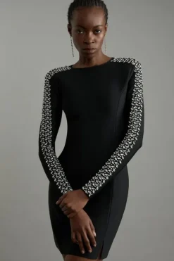 Karen Millen Tall Figure Form Bandage Knit Embellished Mini Dress black Discount
