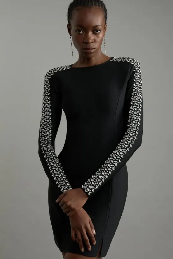 Karen Millen Tall Figure Form Bandage Knit Embellished Mini Dress black Discount