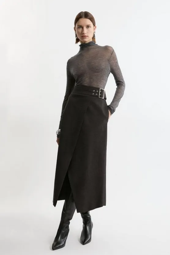 Karen Millen Tall Flannel Wrap Over Belted Tailored Maxi Skirt grey New
