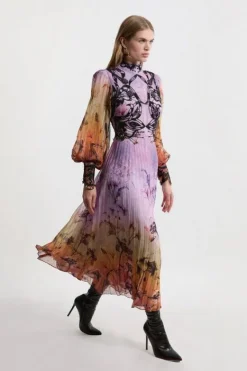 Karen Millen Tall Applique Lace Pleated Woven Maxi Dress floral Discount
