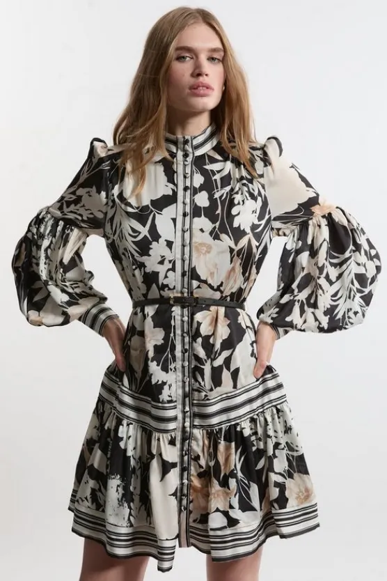 Karen Millen Tall Pleated Belted Woven Mini Dress floral Clearance