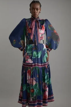 Karen Millen Tall Print Woven Balloon Sleeve Midaxi Dress floral Clearance