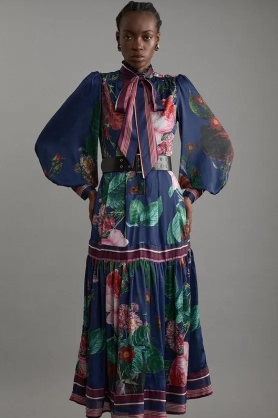 Karen Millen Tall Print Woven Balloon Sleeve Midaxi Dress floral Clearance