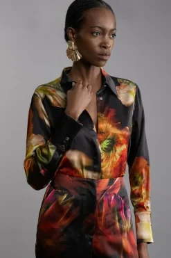 Karen Millen Tall Satin Woven Shirt floral Clearance