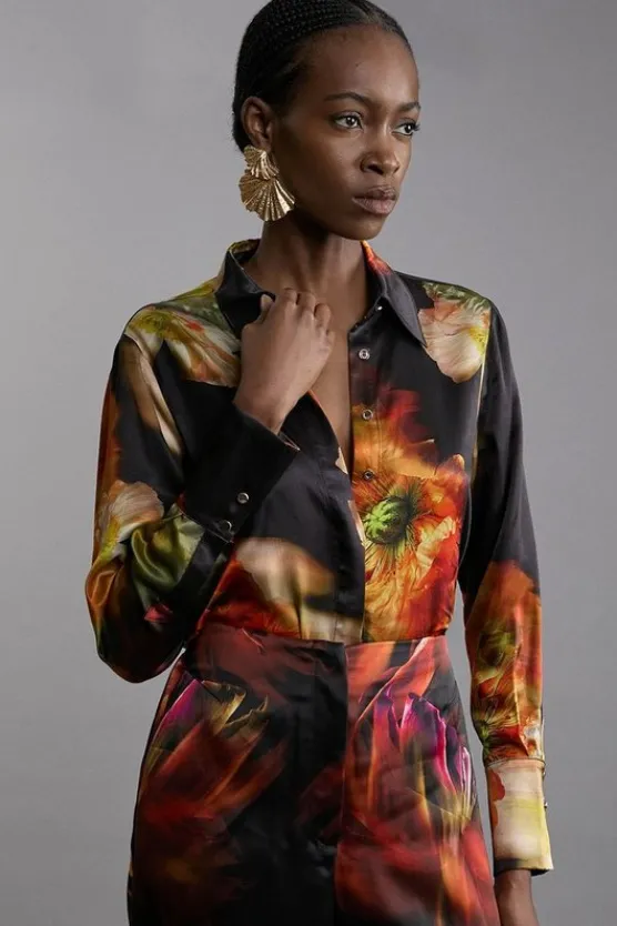 Karen Millen Tall Satin Woven Shirt floral Clearance