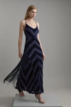 Karen Millen Tall Fringed Velvet Devore Woven Maxi Dress navy Clearance