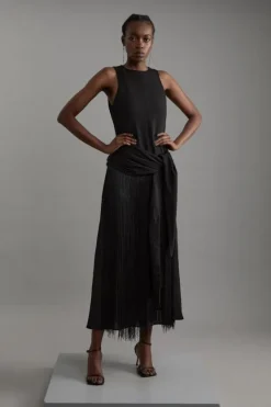 Karen Millen Tall Fringe Tassle Halter Neck Tailored Maxi Dress black New