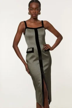 Karen Millen Tall metric Jacquard Velvet Mix Tailored Strappy Midi Dress geo Clearance