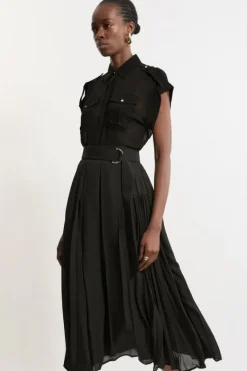 Karen Millen Tall Georgette Belted Pleat Woven Midi Skirt black Sale