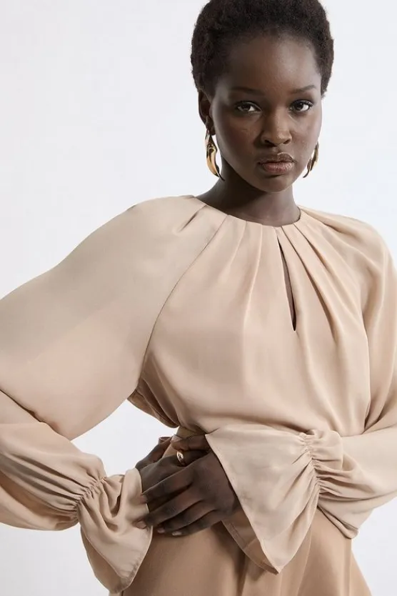 Karen Millen Tall Georgette High Neck Keyhole Woven Blouse camel Discount