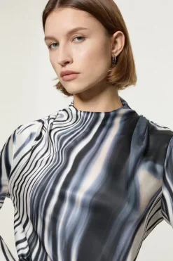 Karen Millen Tall Graduated Stripe Viscose Satin High Neck Blouse mono Discount