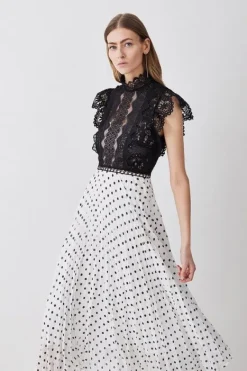 Karen Millen Tall Guipure Lace Dot Pleated Skirt Midi Dress mono New