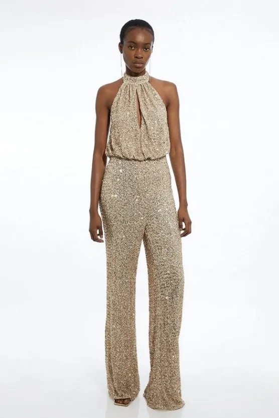 Karen Millen Tall Halter Jersey Stretch Sequin Wide Leg Jumpsuit gold Clearance