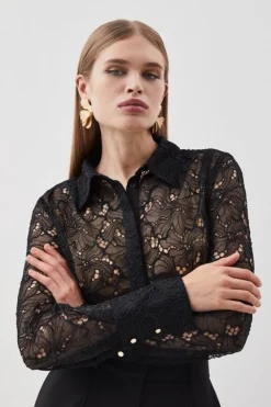 Karen Millen Tall Lace Button Down Woven Shirt black Discount