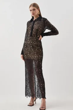 Karen Millen Tall Lace Woven Midi Skirt black Fashion