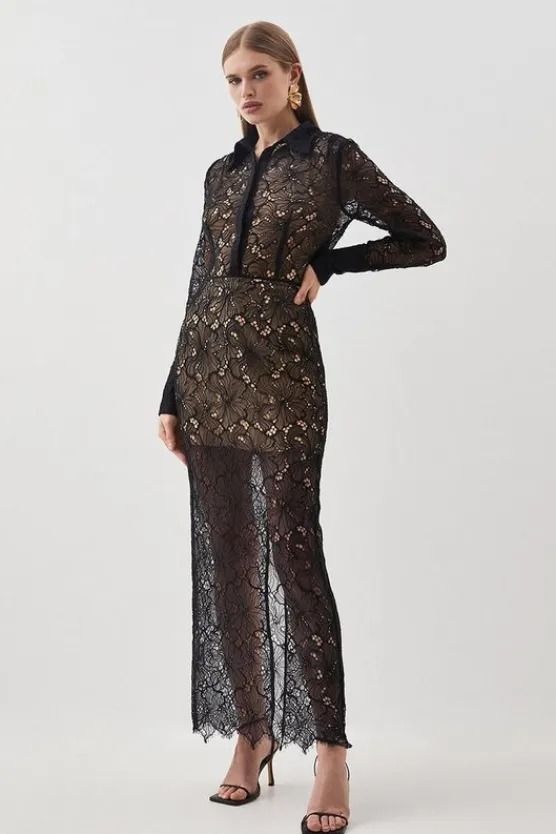 Karen Millen Tall Lace Woven Midi Skirt black Fashion