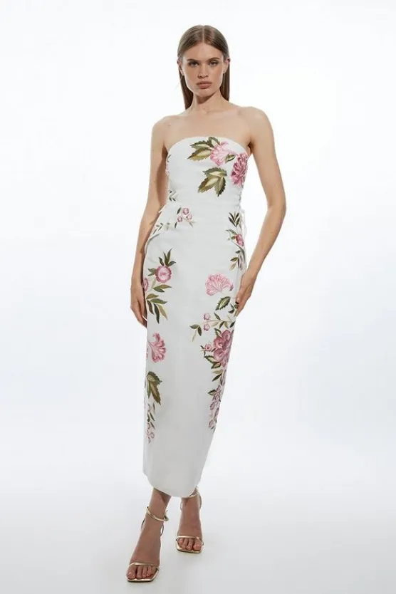 Karen Millen Tall Linen Embroidery Off The Shoulder Woven Dress natural Discount