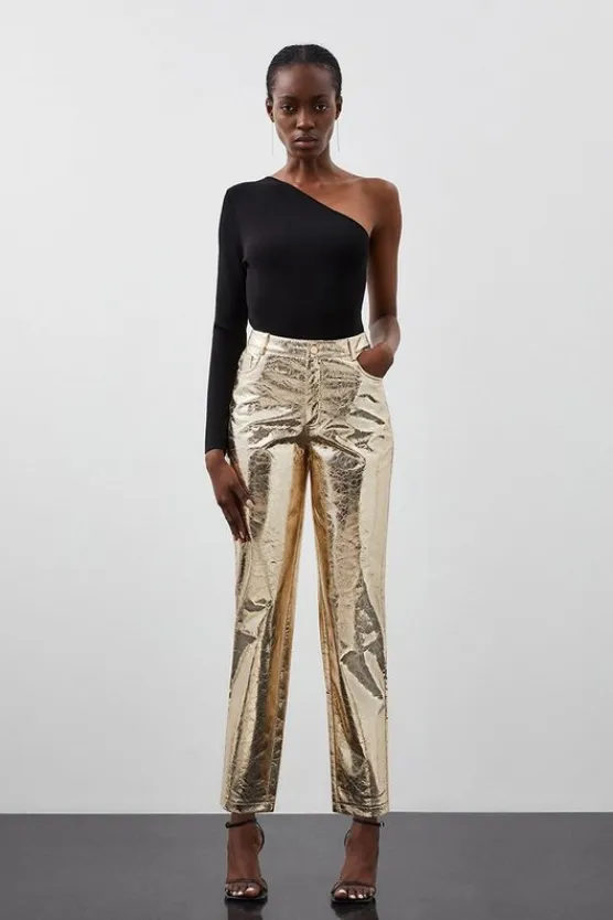 Karen Millen Tall Metallic Faux Leather Straight Pants gold Clearance