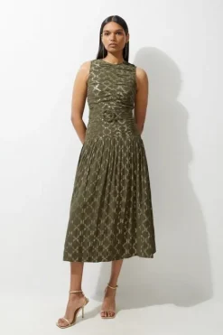 Karen Millen Tall Metallic Viscose Georgette Beaded Woven Maxi Dress khaki Discount