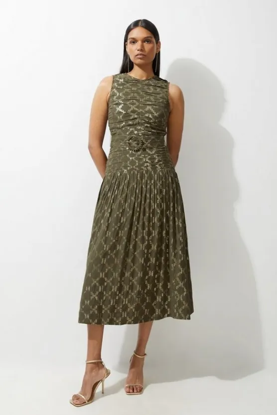 Karen Millen Tall Metallic Viscose Georgette Beaded Woven Maxi Dress khaki Discount