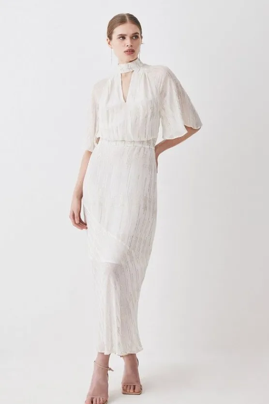 Karen Millen Tall Metallic Viscose Georgette Angel Sleeve Woven Midi Dress ivory Online
