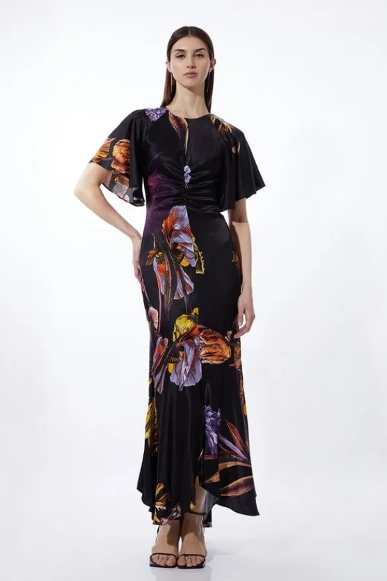 Karen Millen Tall Midnight Floral Satin Crepe Woven Angel Sleeve Maxi black Best