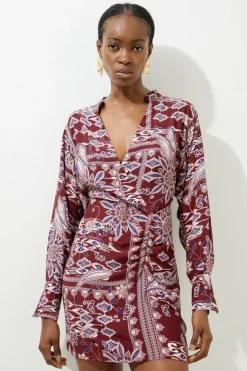 Karen Millen Tall Mixed Print Viscose Crepe Balloon Sleeve Mini Dress orange Clearance