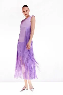 Karen Millen Tall Ooto Heavy Satin Fringed Woven Sleeveless Mini Dress lilac Best