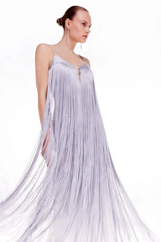 Karen Millen Tall Ooto Heavy Satin Fringed Woven Strappy Maxi Dress silver Best