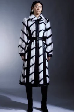 Karen Millen Tall Panelled Stripe Faux Fur Pu Belted Long Coat mono New