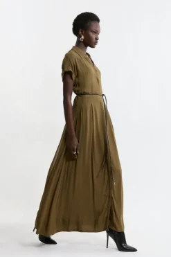 Karen Millen Tall Pleated Woven Viscose Midaxi Shirt Dress khaki New