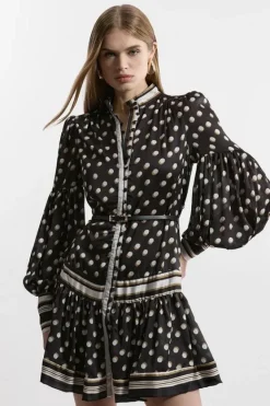 Karen Millen Tall Polka Dot Woven Balloon Sleeve Belted Mini Dress mono Fashion