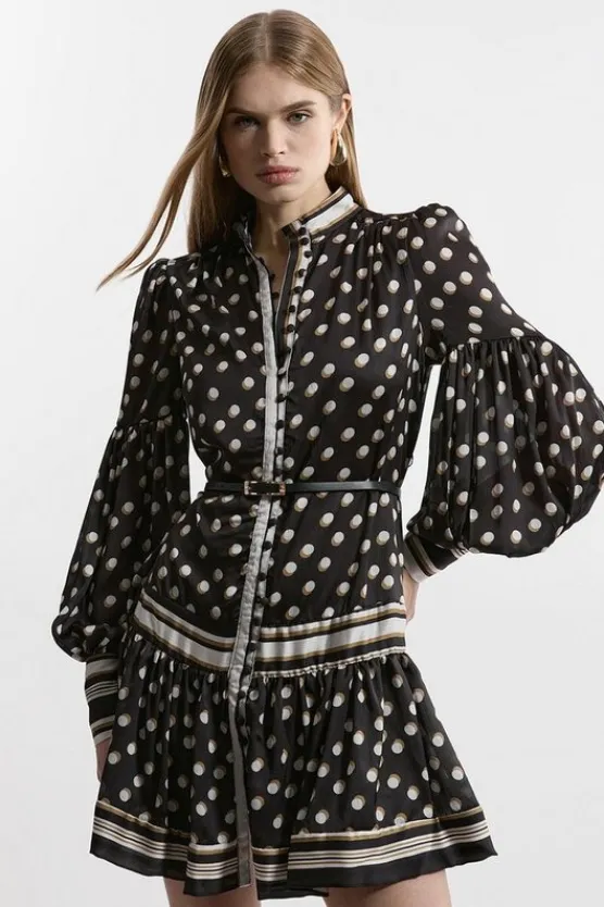 Karen Millen Tall Polka Dot Woven Balloon Sleeve Belted Mini Dress mono Fashion