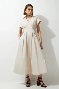 Karen Millen Tall Poplin Dropped Strong Shoulder Woven Shirt Dress stone Sale