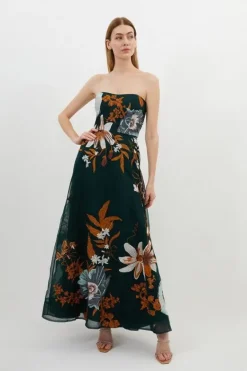 Karen Millen Tall Premium Embroidered Bandeau Beaded Organdie Woven Maxi Dress forest Fashion