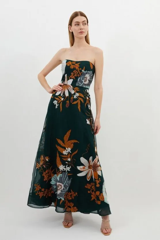 Karen Millen Tall Premium Embroidered Bandeau Beaded Organdie Woven Maxi Dress forest Fashion