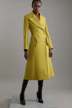 Karen Millen Tall Premium Italian Manteco Wool Military Double Breasted Tailored Midaxi Coat mustard Online